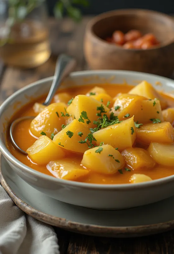 Creamy potato stew in a rich sauce, garnished with fresh parsley