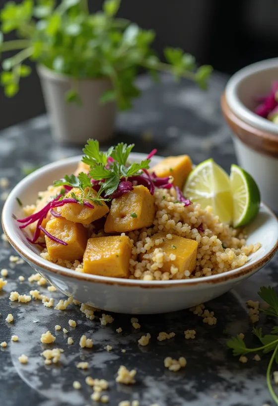 Beet lime tofu quinoa curry served
