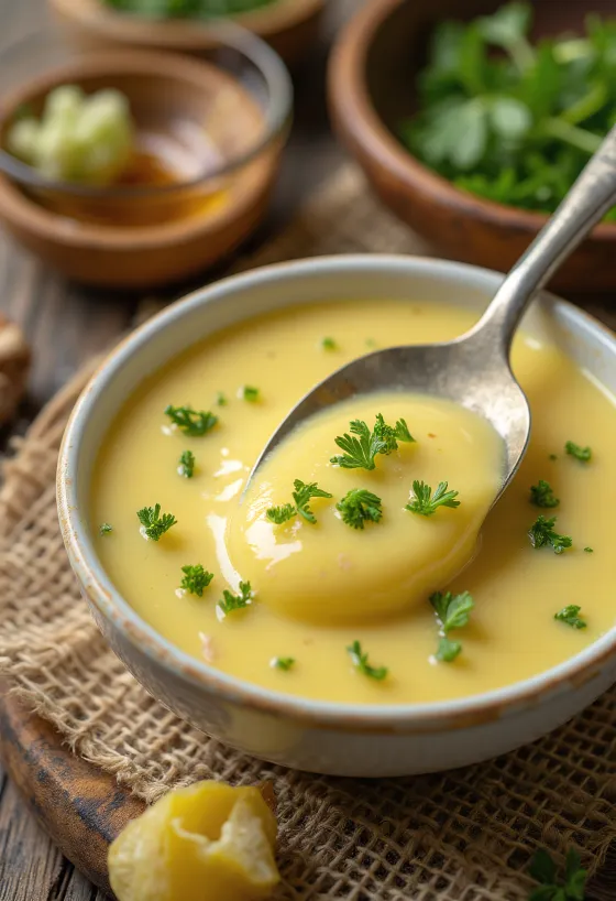 Honey dill mustard sauce in a bowl, served with fresh dill and lemon.