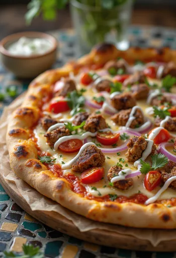 Kebab pizza with spicy meat and greek yogurt