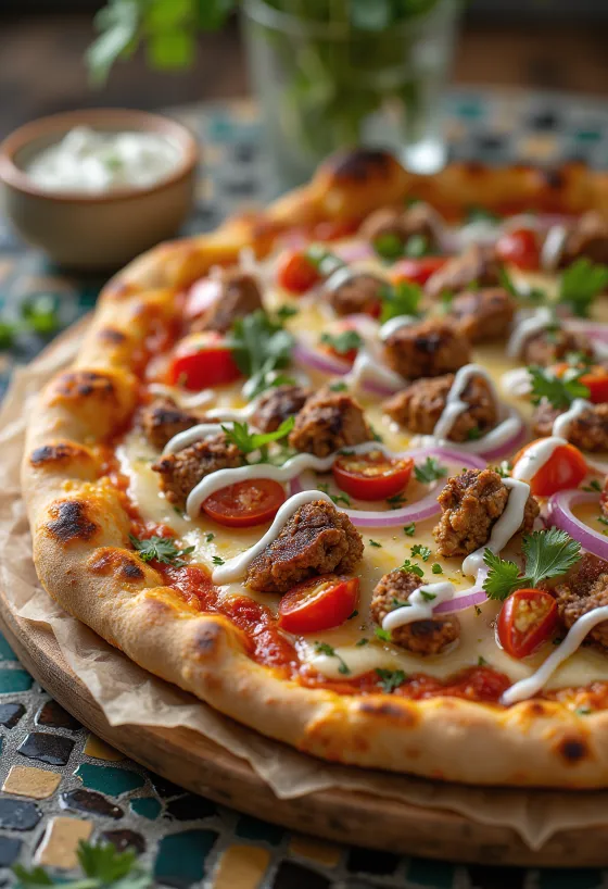 Kebab pizza with spicy meat and greek yogurt