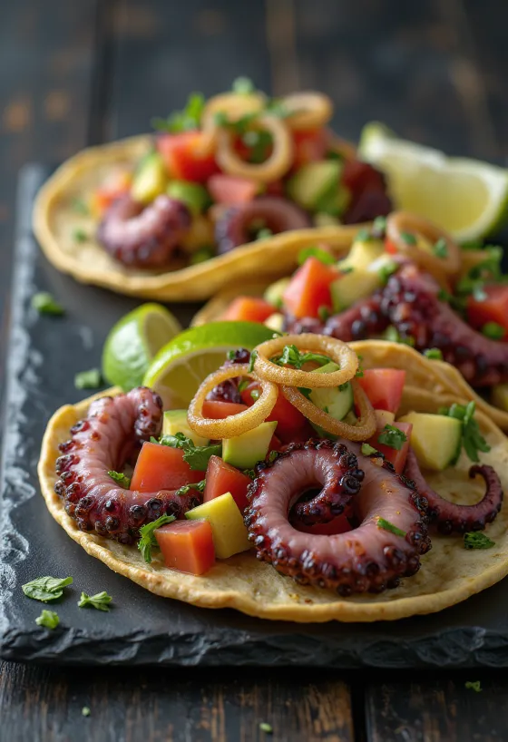 Grilled octopus tacos served