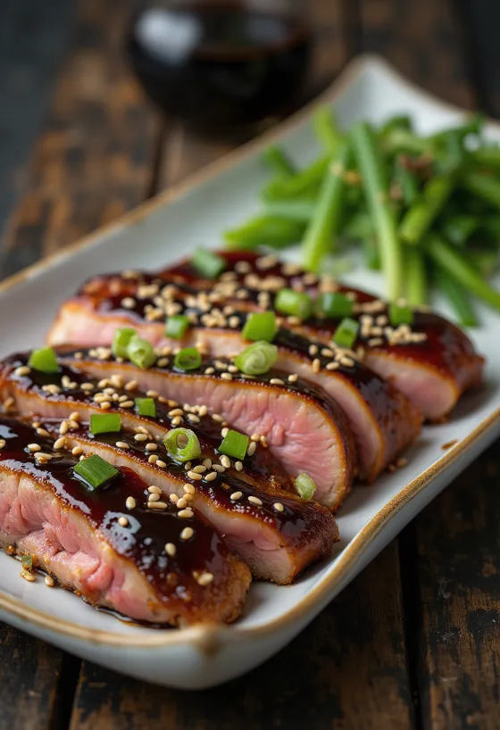 Teriyaki duck breast sliced with sauce