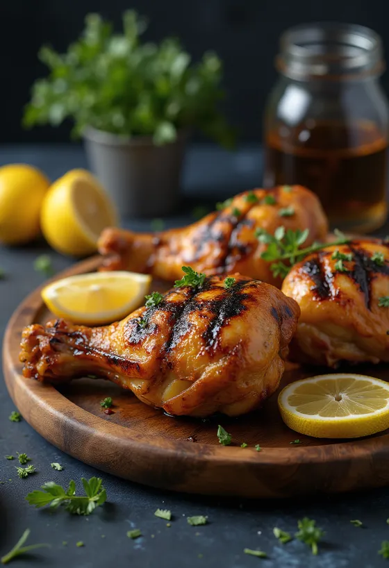 Golden brown roasted chicken legs with crispy skin and herbs