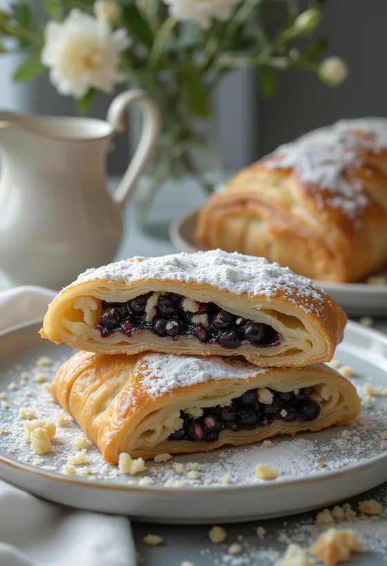Freshly baked poppy seed strudel dusted with powdered sugar