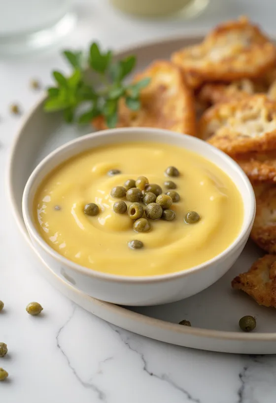 Honey mustard caper sauce in a bowl, garnished with capers and fresh parsley.