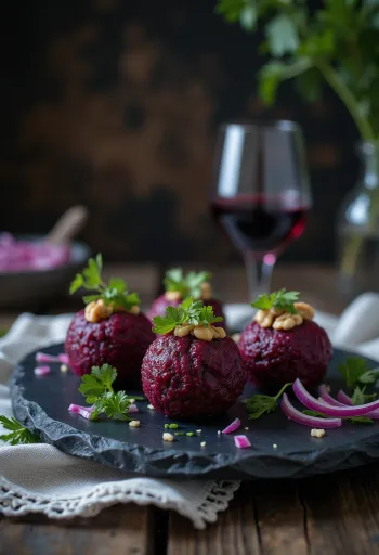 Beet Pkhali balls served with walnuts and fresh cilantro