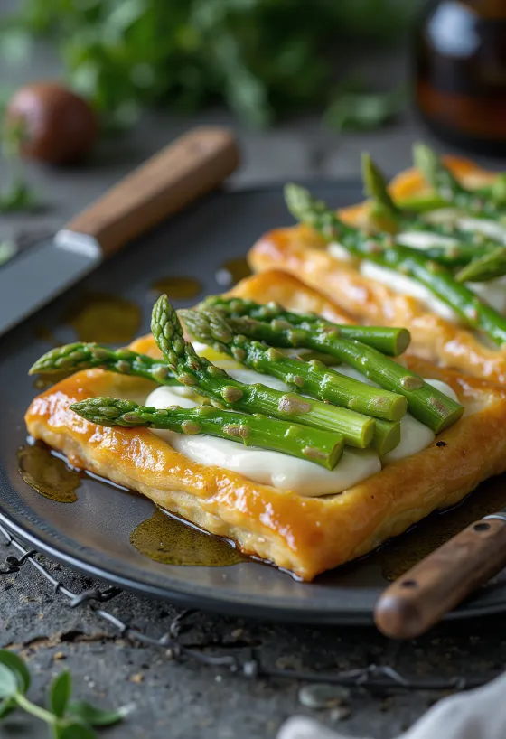 Asparagus cheese tart with golden brown crust and arranged asparagus spears