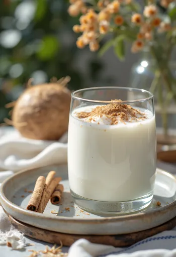 Coconut cinnamon kefir in a glass, creamy light color sprinkled with shredded coconut and cinnamon