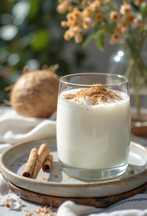 Coconut cinnamon kefir in a glass, creamy light color sprinkled with shredded coconut and cinnamon