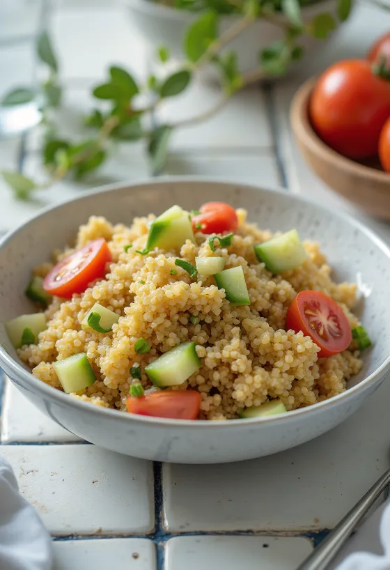 Quinoa salad with tahini dressing served