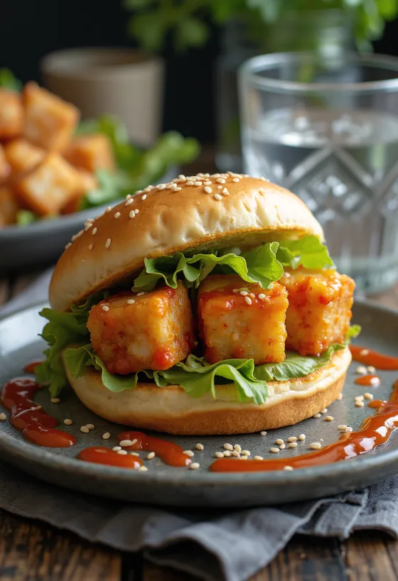 Spicy Tofu Bao with sriracha glazed tofu and salad