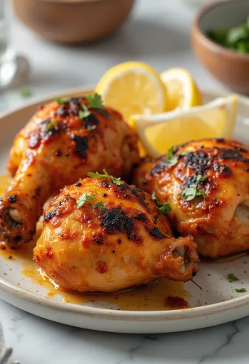 Tandoori chicken baked in yogurt marinade, served with fresh herbs