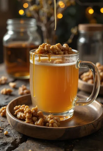 Walnut-caramel cider served in a glass