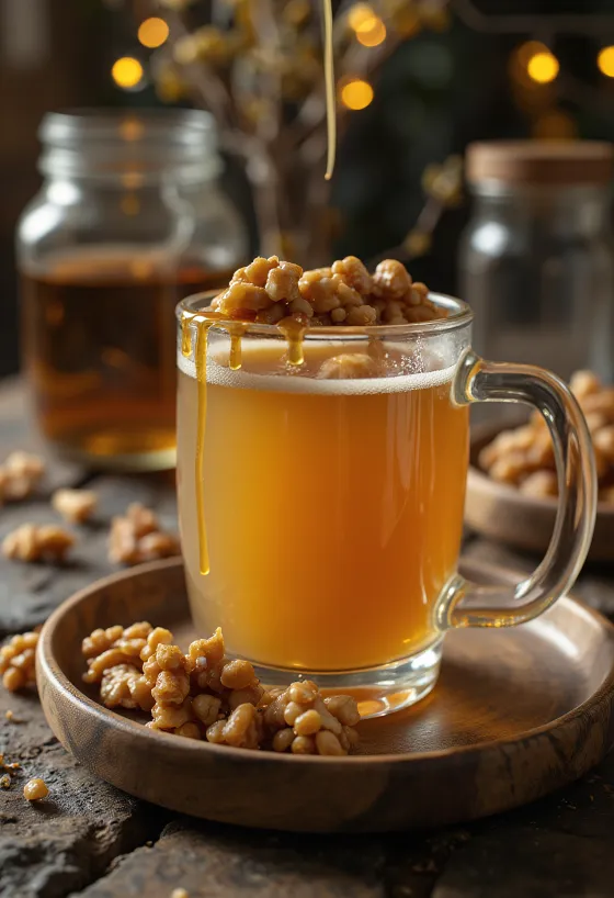 Walnut-caramel cider served in a glass