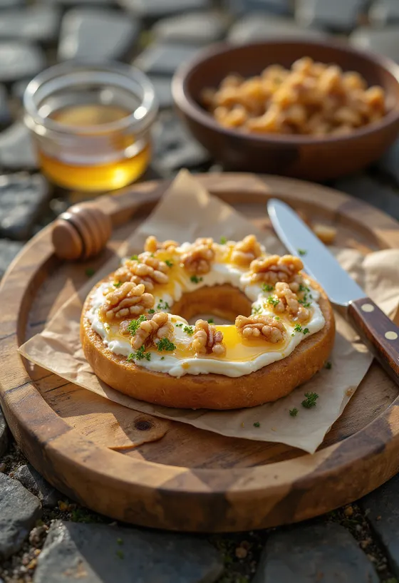Walnut goat cheese bagel served