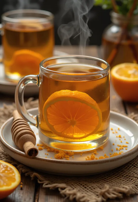 Honey-cinnamon cider garnished with orange and cinnamon