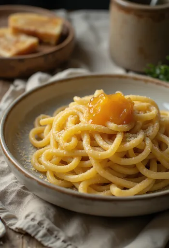 Semolina pasta sprinkled with powdered sugar and jam