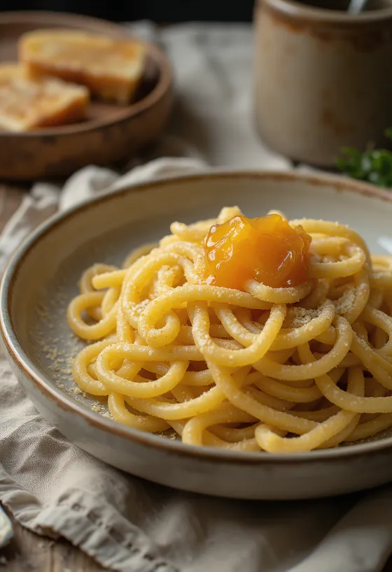 Semolina pasta sprinkled with powdered sugar and jam