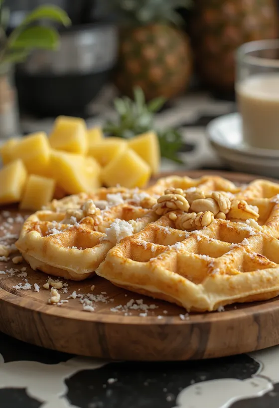 Coconut waffle with fresh coconut shreds and honey