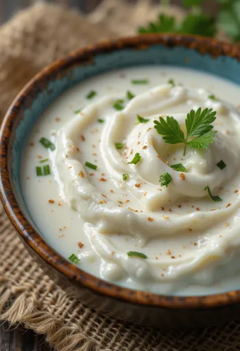 Sour cream dill sauce served with vegetables and fish