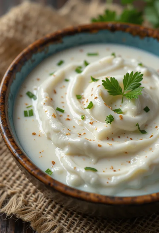 Sour cream dill sauce served with vegetables and fish