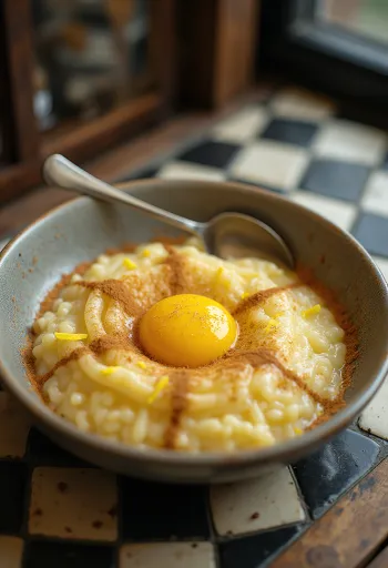 Creamy Arroz Doce rice pudding dusted with cinnamon
