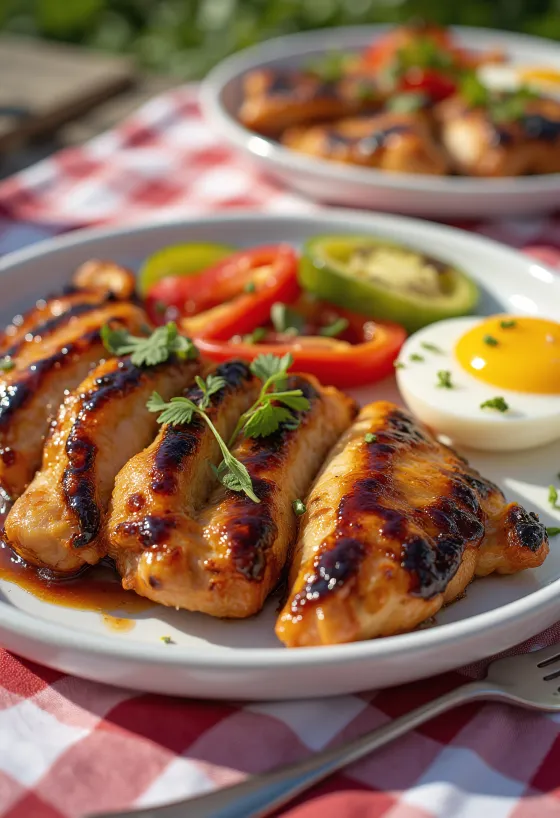 BBQ chicken breast with grilled vegetables served