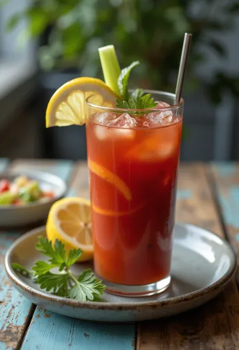 Bloody Mary cocktail with celery stalk and lemon