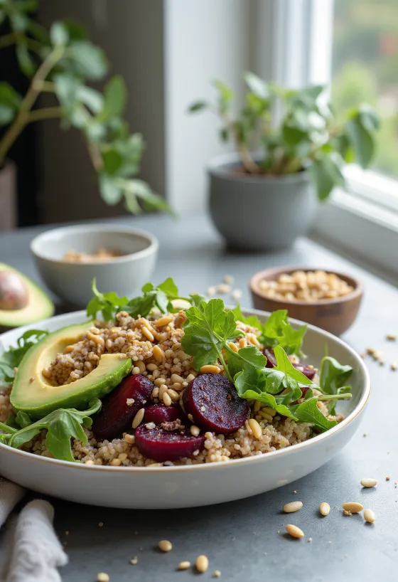 Roasted Beet and Quinoa Buddha Bowl with toasted seeds