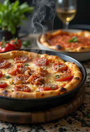 Chicago Deep-Dish Pizza with abundant cheese and tomato sauce