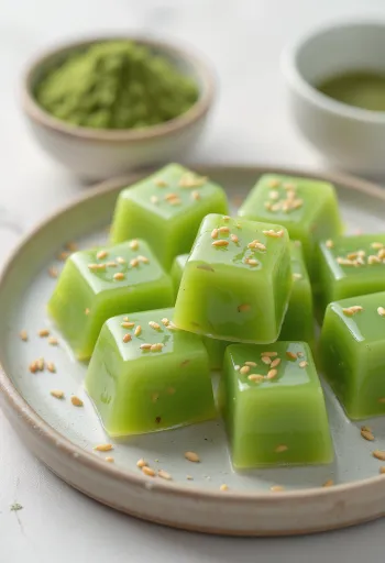 Green matcha kuzumochi with silky texture served with sesame seeds