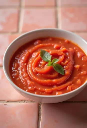 Creamy roasted red pepper and tomato sauce served in a bowl