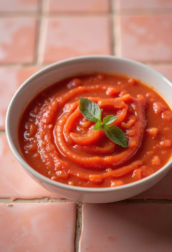 Creamy roasted red pepper and tomato sauce served in a bowl
