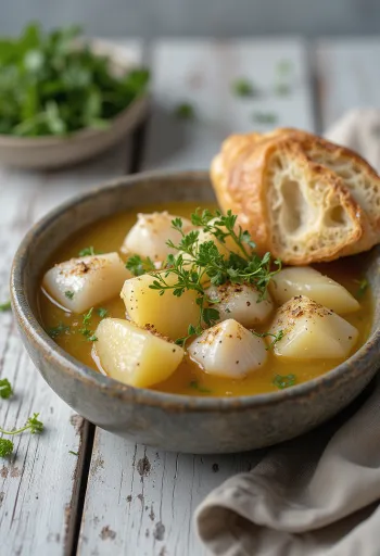 Bowl of Greek Psarosoupa fish soup with potatoes and carrots