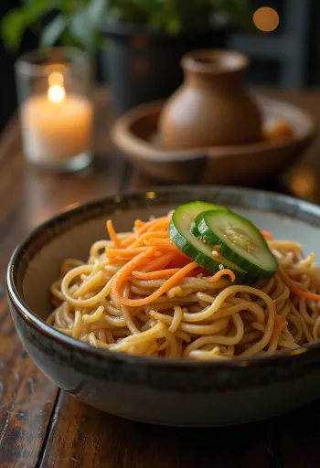 Rice noodles in peanut sauce served with vegetables