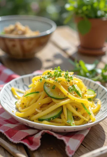 Takuan salad with cucumber slices, cilantro and sesame seeds