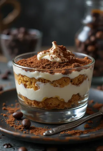 Classic tiramisu with layered ladyfingers and dusted with cocoa powder