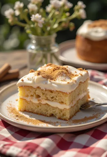 Sliced cinnamon cream cake served on a plate