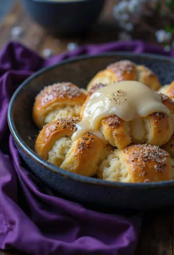 Poppy seed bread pudding dusted with powdered sugar and vanilla custard