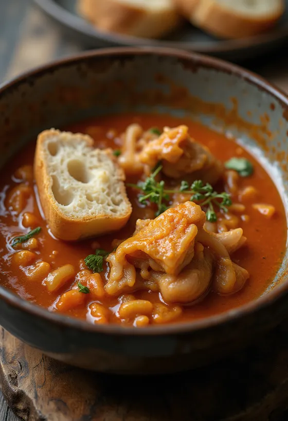 Tripe stew with juicy, spicy sauce, served with fresh bread