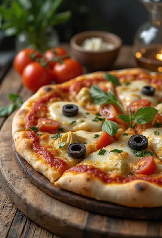 Mediterranean pizza with olives, tomato, and artichoke