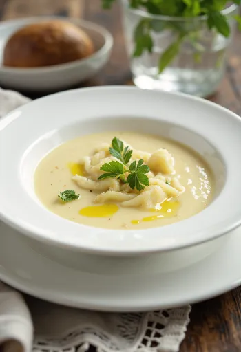 Leek celery root soup served in a bowl