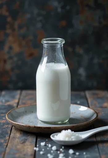 Probiotic coconut kefir in a bottle, creamy white drink served