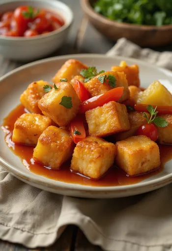 Crispy fried tofu with sweet and sour sauce