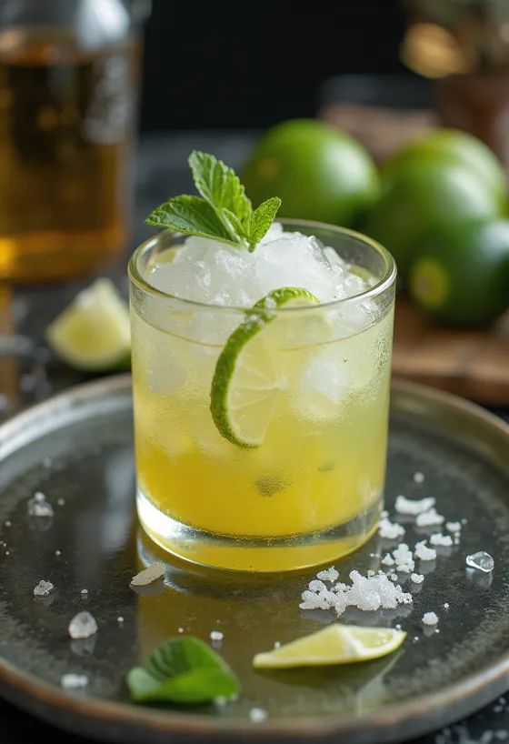 Caipirinha cocktail with lime wedges and crushed ice