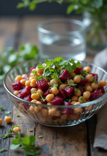 Roasted beet and chickpea salad served with fresh arugula and toasted walnuts.