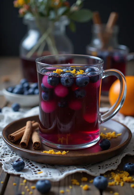 Blueberry-cinnamon cider with cinnamon stick and berries