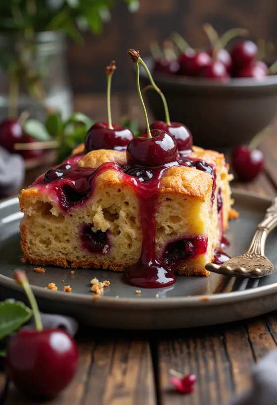Cinnamon sour cherry cake with fresh fruit