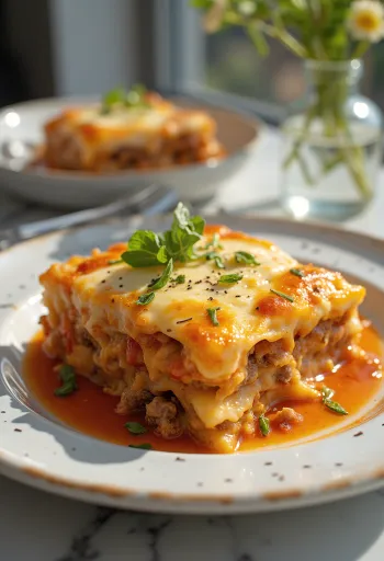 Traditional Greek moussaka served with layered eggplant, ground meat, and béchamel sauce.